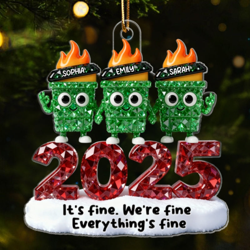 3D Crystal Effect Dumpster Fire It's Fine We're Fine - Personalized Acrylic Ornament - Funny Christmas Gift For Colleagues, Matching Group Ornaments