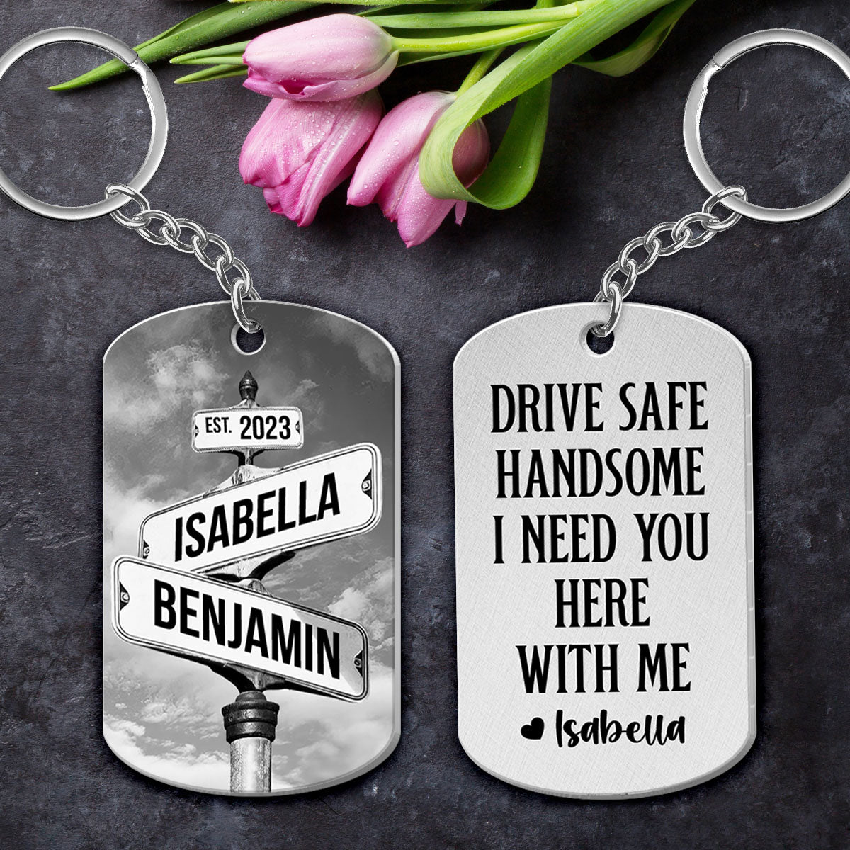 Drive Safe I Need You Vintage Crossroads Street Sign Personalized Metal Keychain, Anniversary  Gift For Him, Boyfriend, Husband