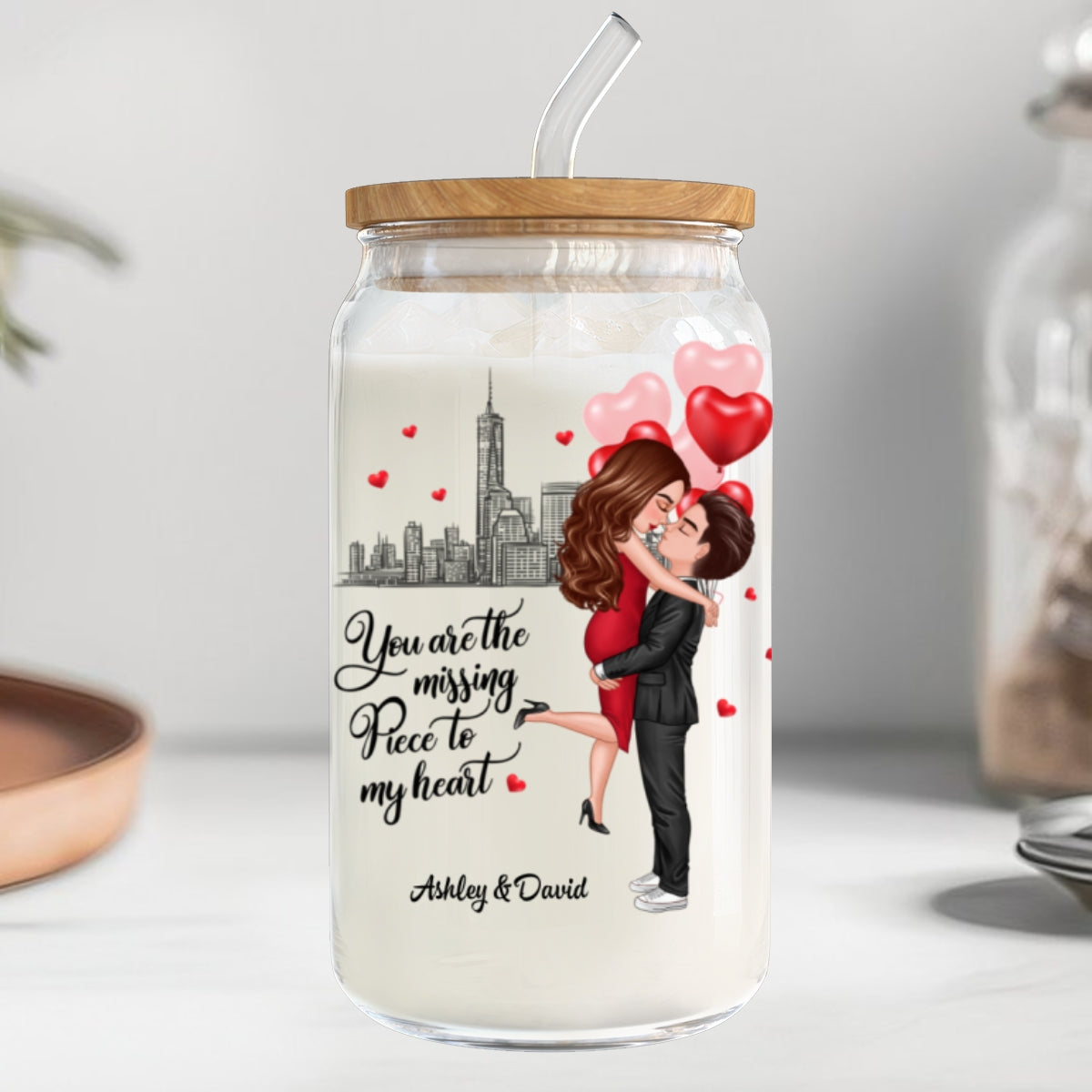 Couple Hugging Kissing You‘re The Missing Piece To My Heart Personalized Clear Glass Can