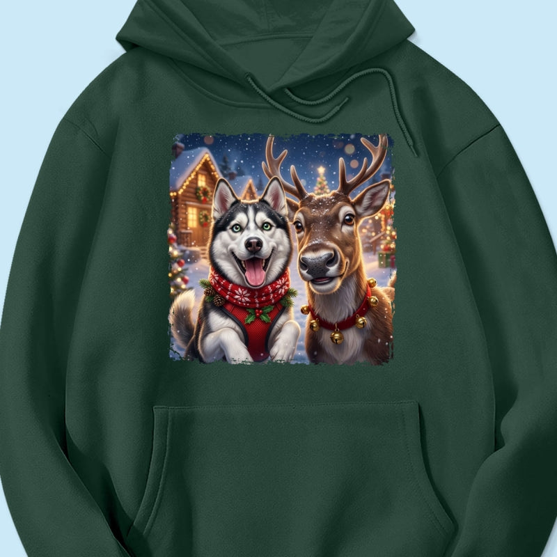 Dog Cat Selfie with Reindeer - Personalized Shirt - Funny Christmas Gift for Pet Lovers