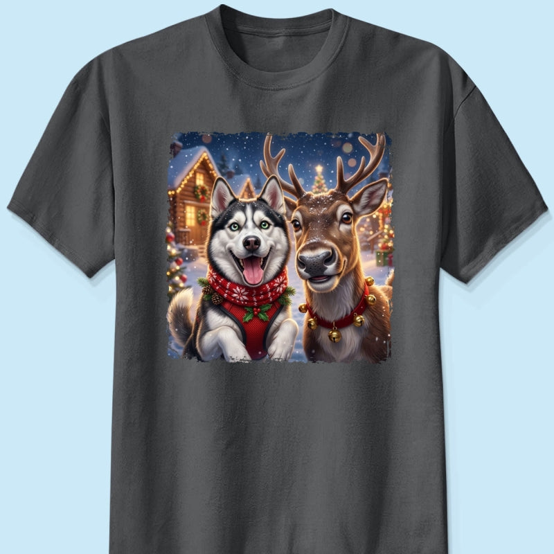 Dog Cat Selfie with Reindeer - Personalized Shirt - Funny Christmas Gift for Pet Lovers