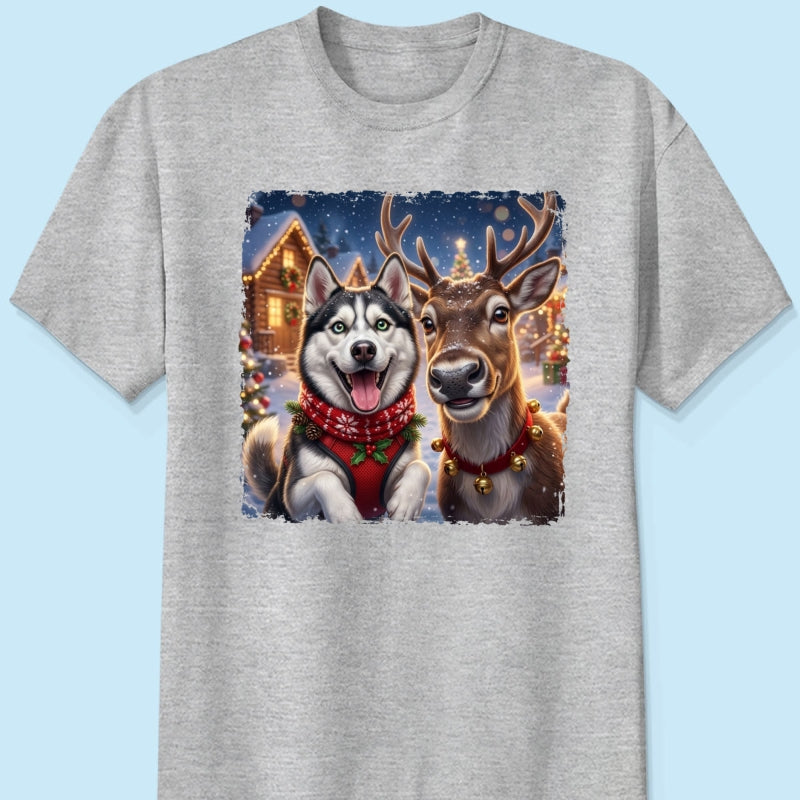 Dog Cat Selfie with Reindeer - Personalized Shirt - Funny Christmas Gift for Pet Lovers