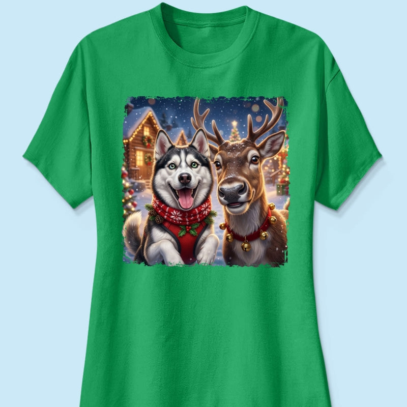 Dog Cat Selfie with Reindeer - Personalized Shirt - Funny Christmas Gift for Pet Lovers