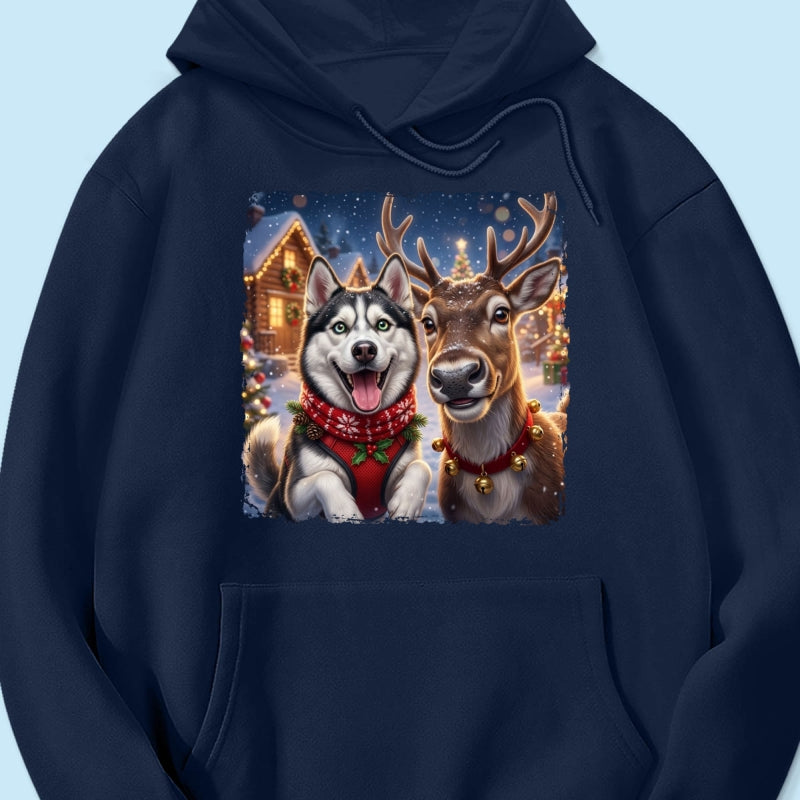 Dog Cat Selfie with Reindeer - Personalized Shirt - Funny Christmas Gift for Pet Lovers