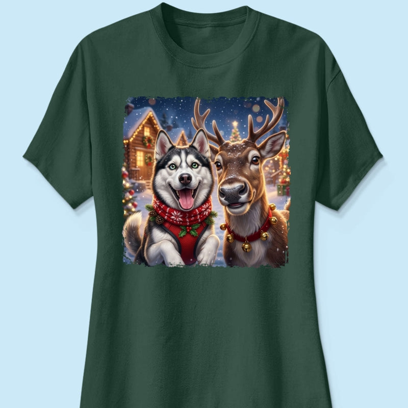 Dog Cat Selfie with Reindeer - Personalized Shirt - Funny Christmas Gift for Pet Lovers