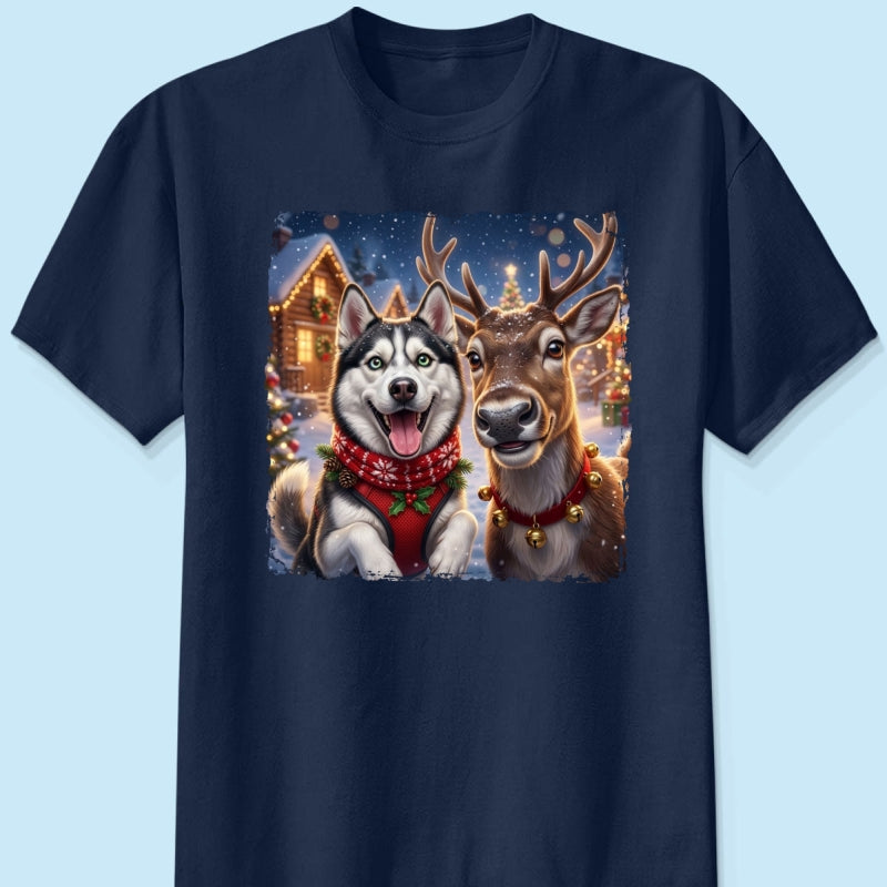 Dog Cat Selfie with Reindeer - Personalized Shirt - Funny Christmas Gift for Pet Lovers