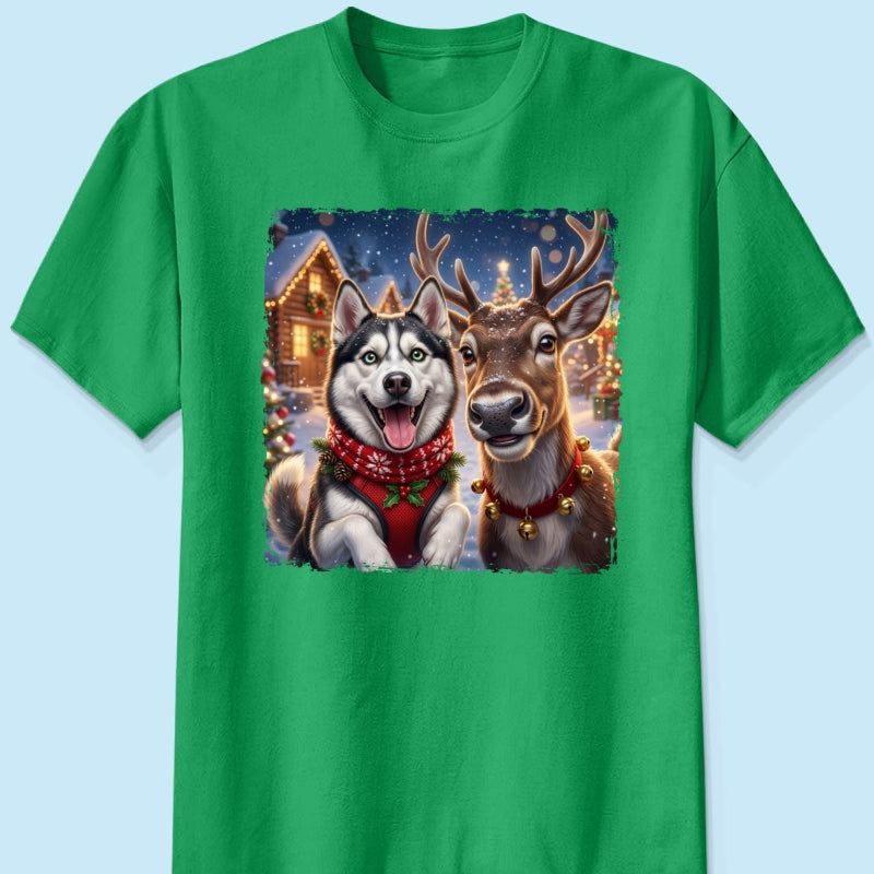 Dog Cat Selfie with Reindeer - Personalized Shirt - Funny Christmas Gift for Pet Lovers