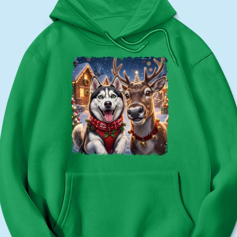 Dog Cat Selfie with Reindeer - Personalized Shirt - Funny Christmas Gift for Pet Lovers