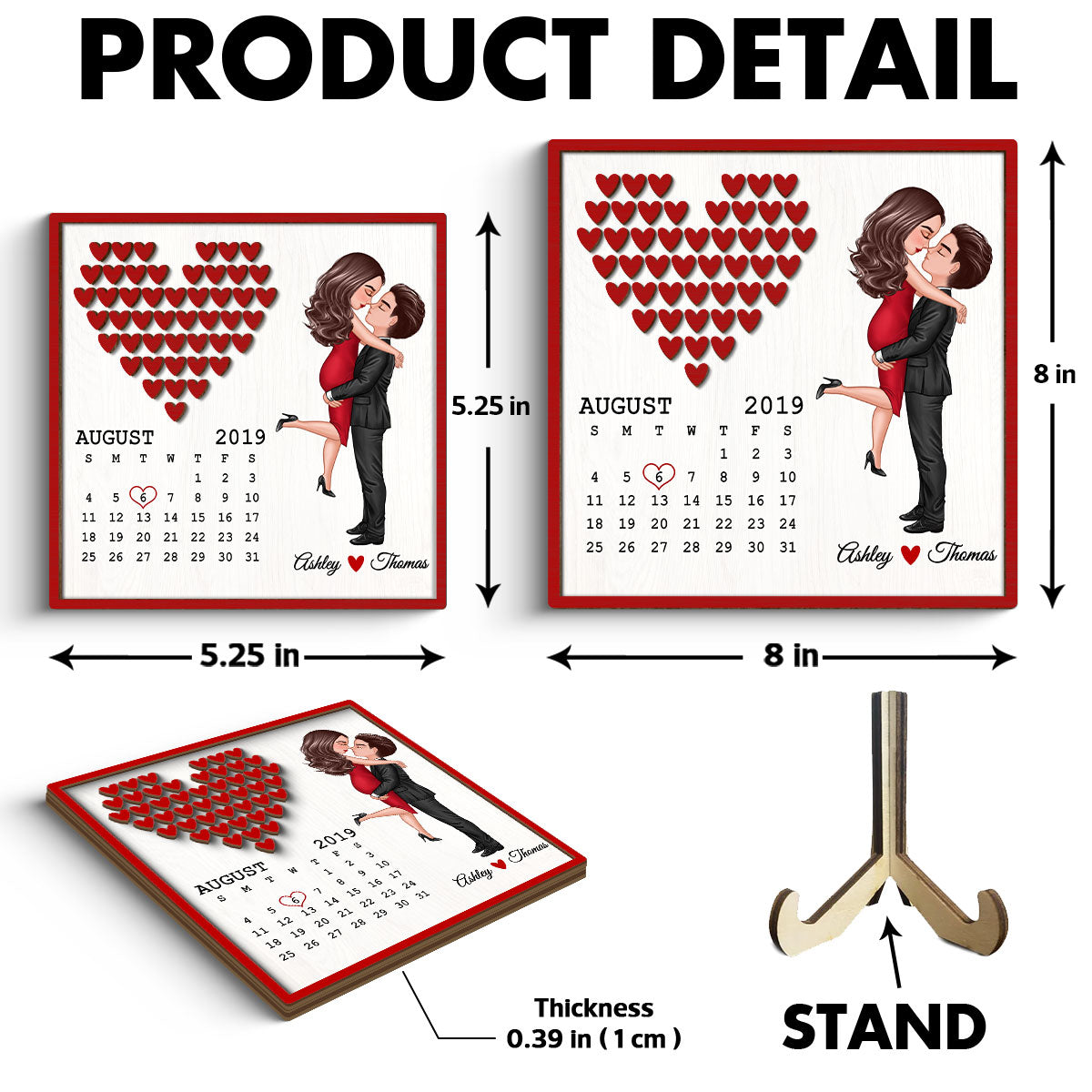 Doll Couple Hugging Kissing Calendar Anniversary Date Gift For Him Gift For Her Hearts Personalized 2-Layer Wooden Plaque