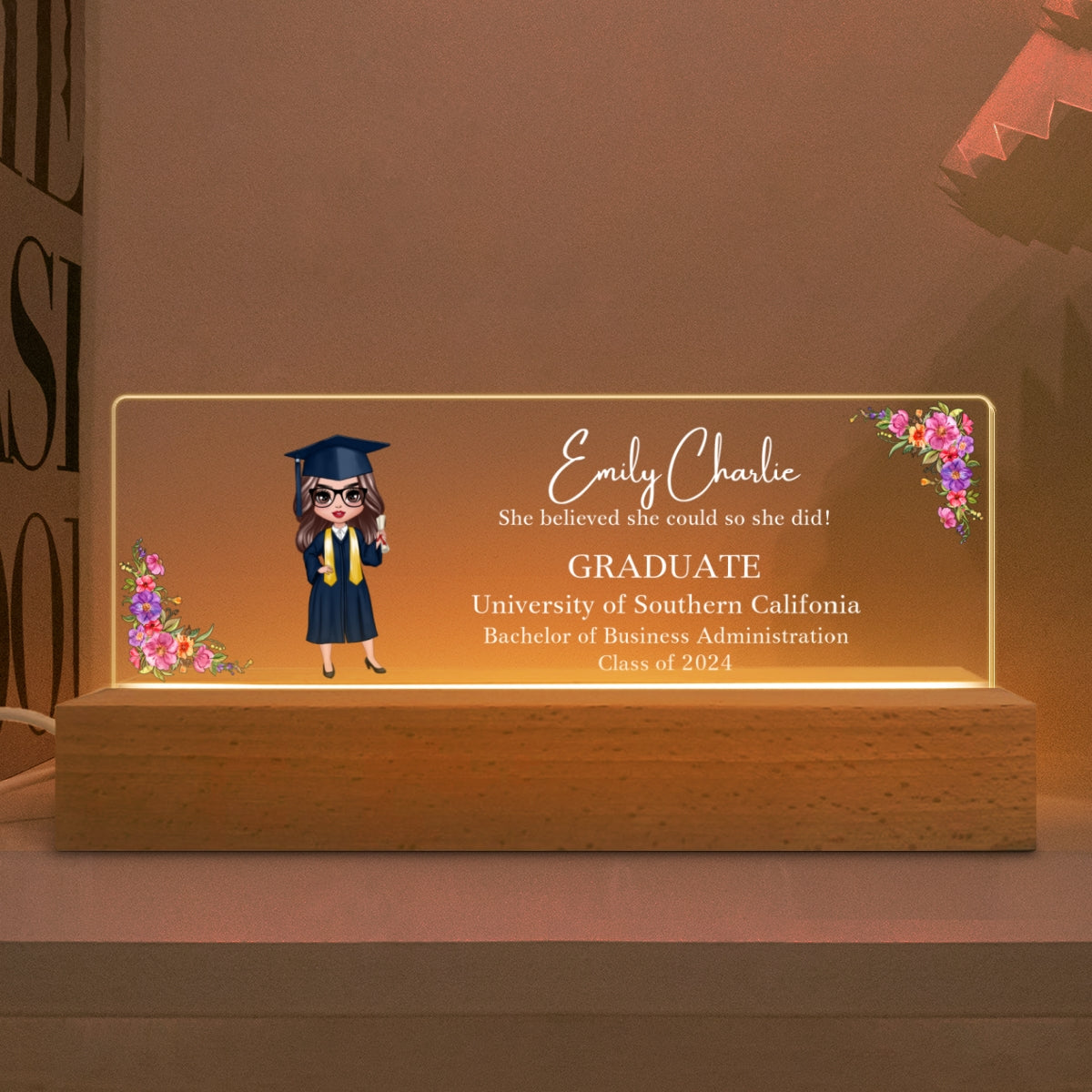 Class Of 2025 Senior Doll Graduation Gift For Daughter Personalized Acrylic LED Night Light
