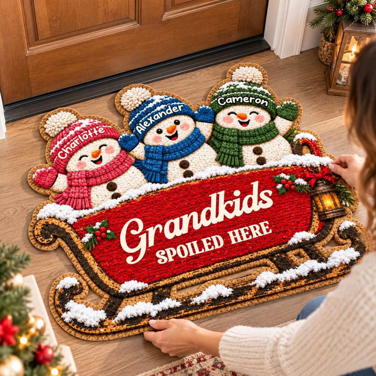 Grandkids Snowman On Sleigh - Personalized Door Mat - Christmas Decor For Grandparents, Family