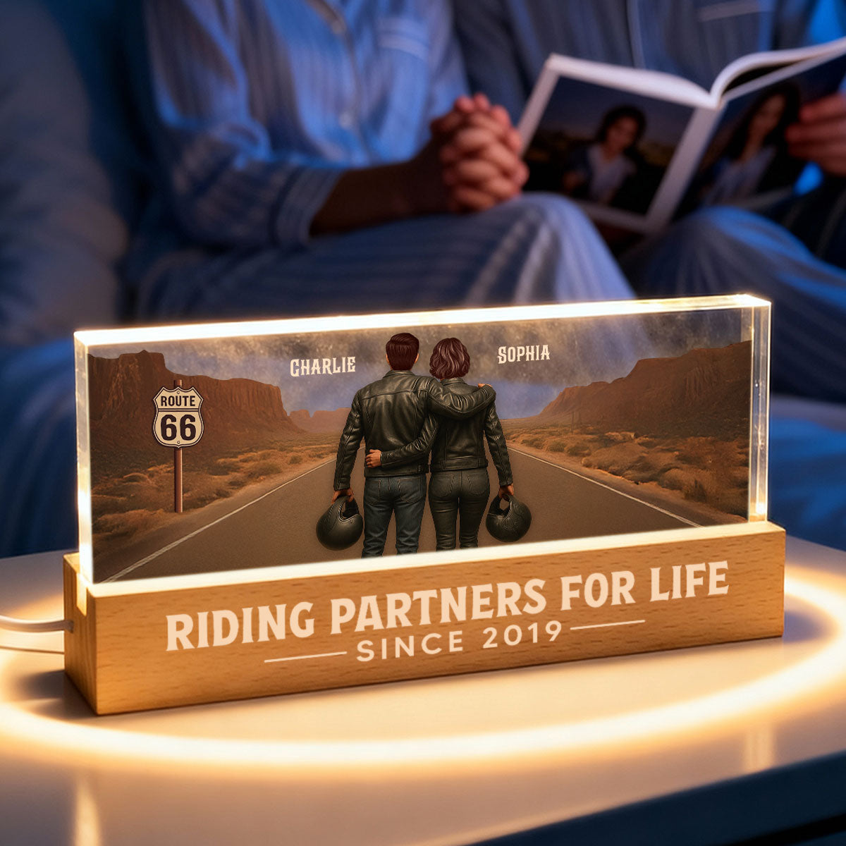 Eternal Love Back View Biker Couple Riding Partners For Life - Personalized Acrylic Block LED Night Light - Heartfelt Valentine's Day Gift, Anniversary Gift For Couple, Bikers, Gift For Him, For Her