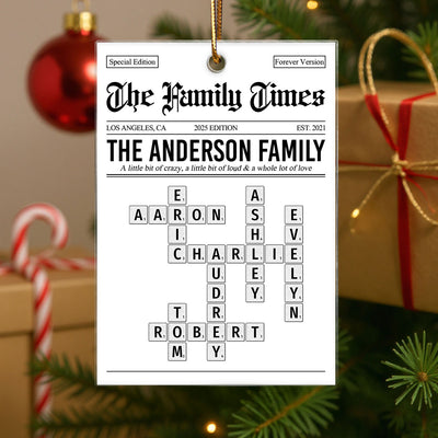The Family Times Crossword Puzzle Newspaper Style - Personalized Acrylic Ornament - Christmas Keepsake Gift For Family