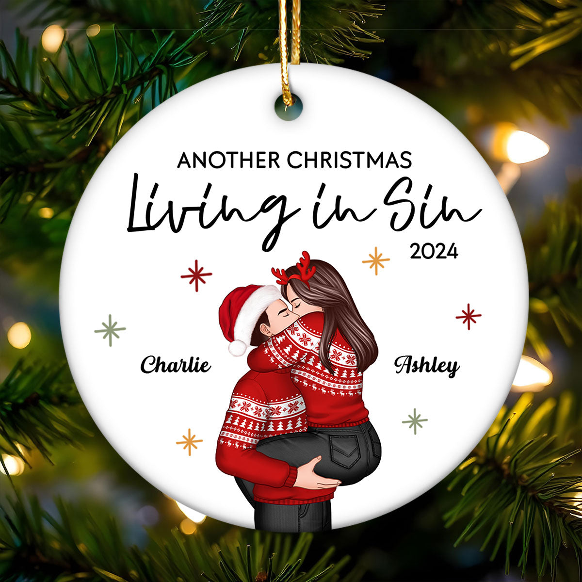 Couple Another Year Living In Sin Christmas Personalized Ceramic Ornament, Funny Christmas Gift for Couple