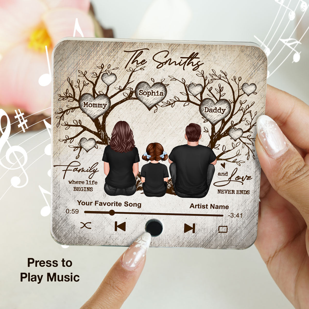 Family Heart Tree Sitting Personalized Music Fridge Magnet, Home Decoration, Anniversary Gift For Family, Gift For Husband, Wife