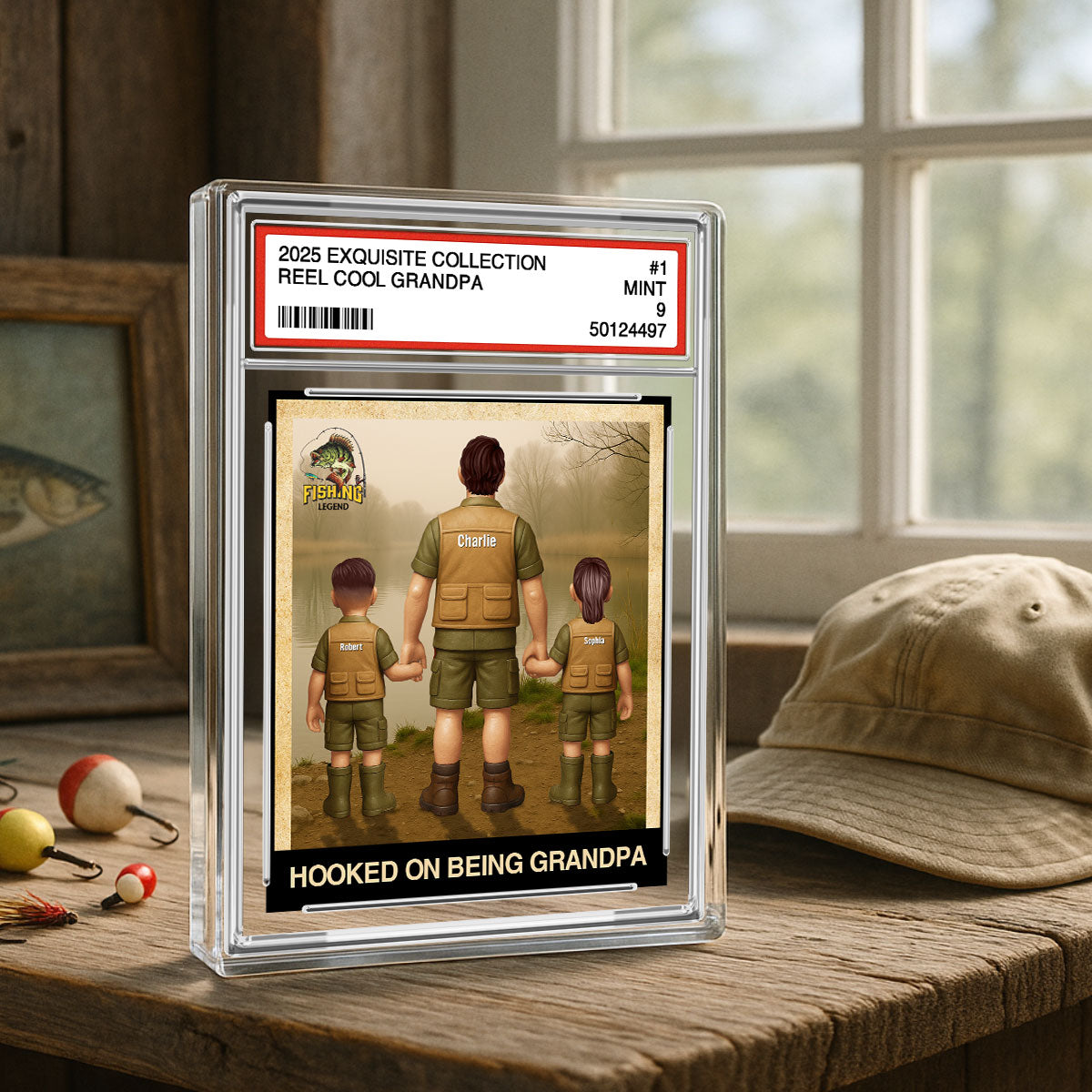 Fishing No. 1 Grandpa Dad Man & Kids Trading Card Style Personalized Acrylic Block Plaque