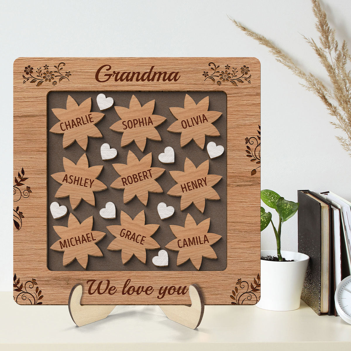Grandma Mom Flowers Hearts Personalized 2-layer Wooden Plaque