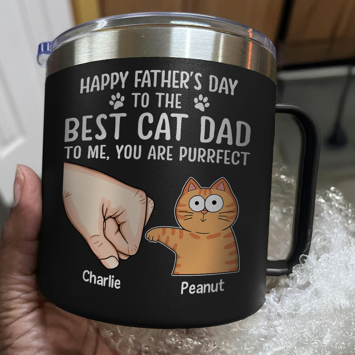 Happy Father‘s Day Fist Bump Funny Cute Cats Personalized Stainless Steel Tumbler With Handle, Gift For Cat Dad