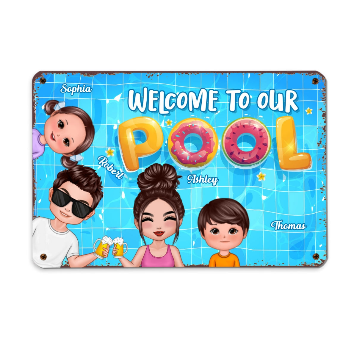Doll Couple Dad Mom Kids Watercolor Cute Dogs Cats Summer Pool Welcome Personalized Metal Sign