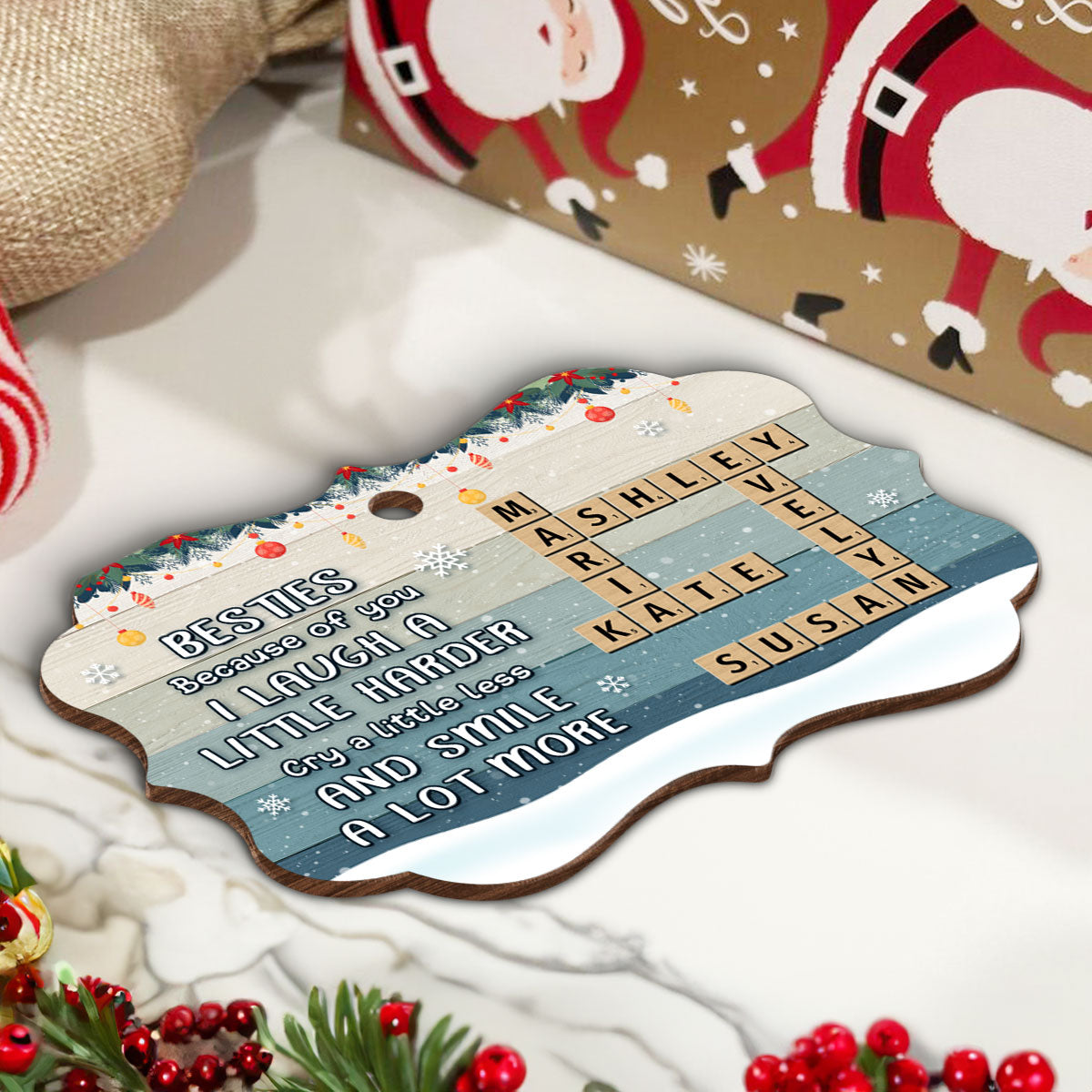 Besties Sisters Smile A Lot More Crossword Puzzle Art Personalized Wooden Ornament, Christmas Gift for Best Friends, Sisters