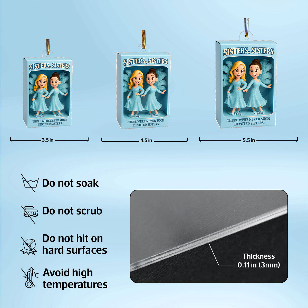 Sisters Besties in Blue Dress Custom Name Toy Box Figure Style Personalized Acrylic Ornament