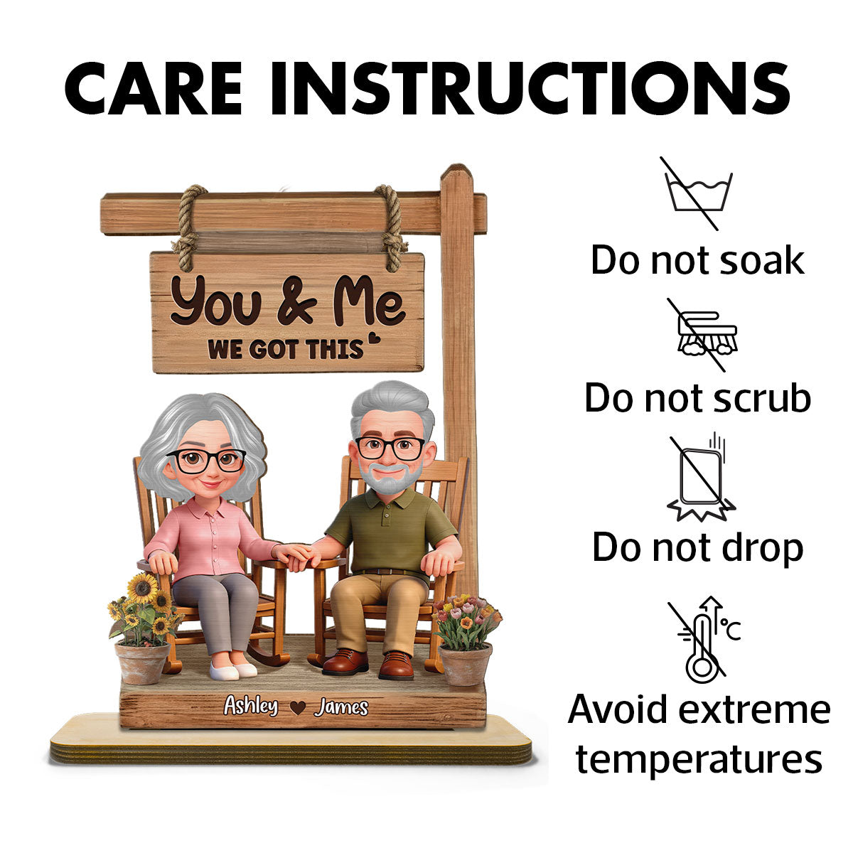 3D Effect Old Couple Sitting On Rocking Chair - Personalized 2-Layered Wooden Plaque - Anniversary, Valentine's Day Gift For Him, Gift For Her