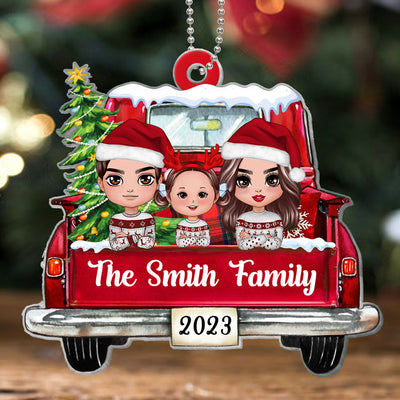 On Christmas Truck Family Dad Mom Kids Dogs Cats Personalized Acrylic Ornament
