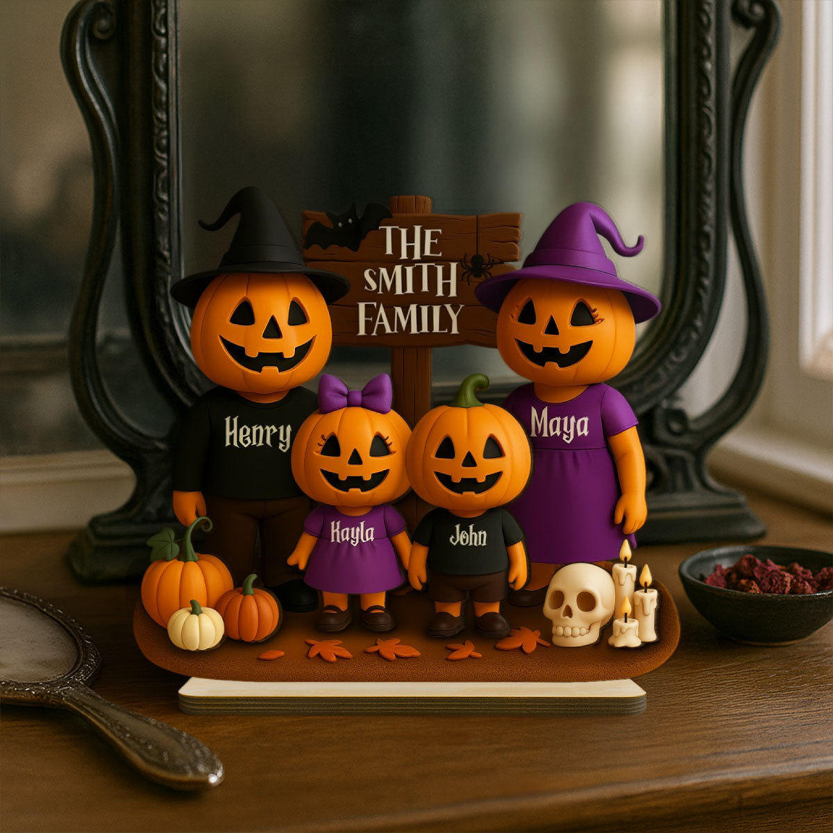 Jack O' Lantern Family 3D Effect Personalized 2-Layered Standing Wooden Plaque, Halloween Decor