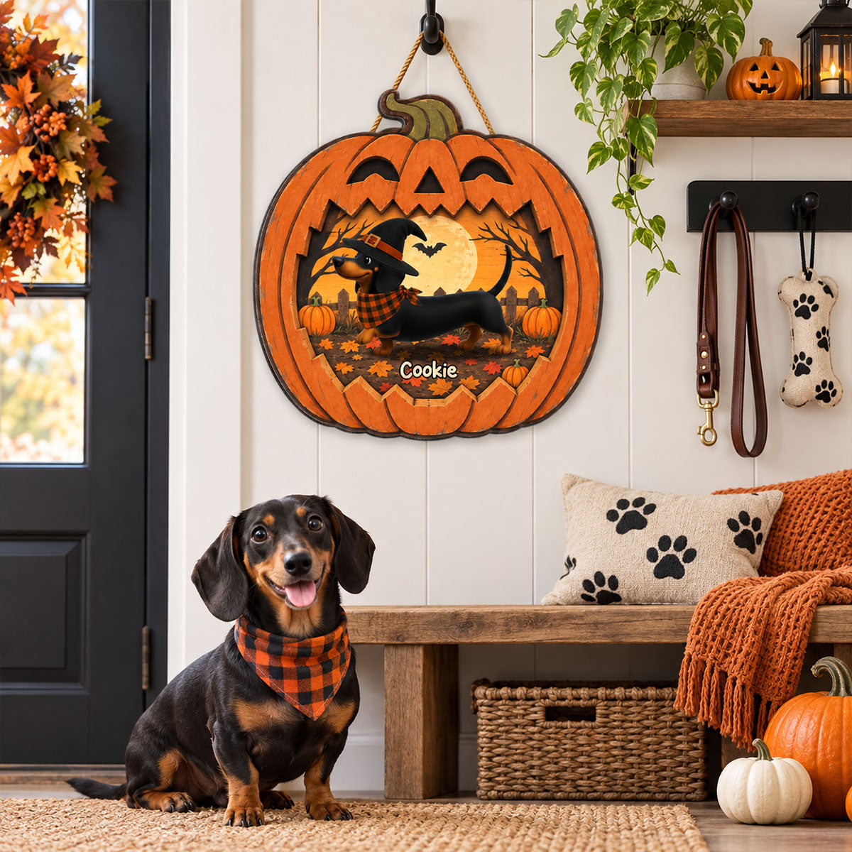 Halloween Dachshund Happy Halloweenie - Personalized Wood Sign - Halloween Decorations For Dachshund Lovers