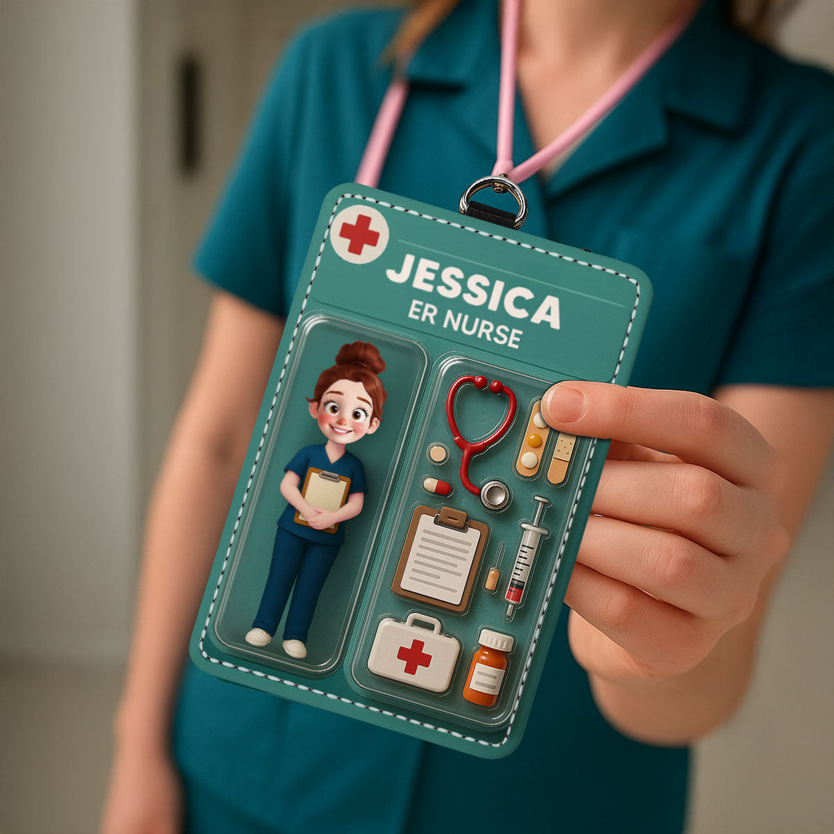 3D Effect Nurse Job Title Figure Style Personalized ID Badge Holder, Gift For Nurse CNA CMA