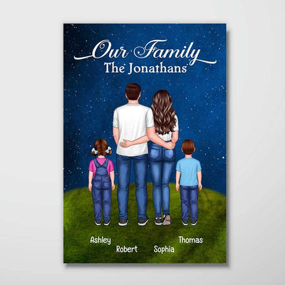 Family Couple Kid Dog Cat Standing Under Starry Night Personalized Vertical Poster