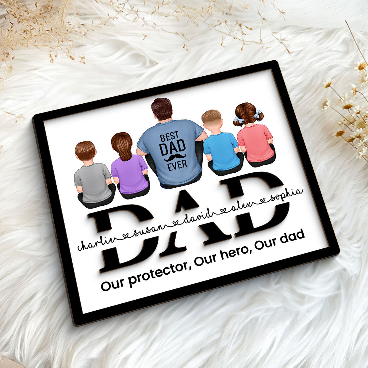 Dad And Kids Back View Sitting On Text Personalized 2-Layer Wooden Plaque