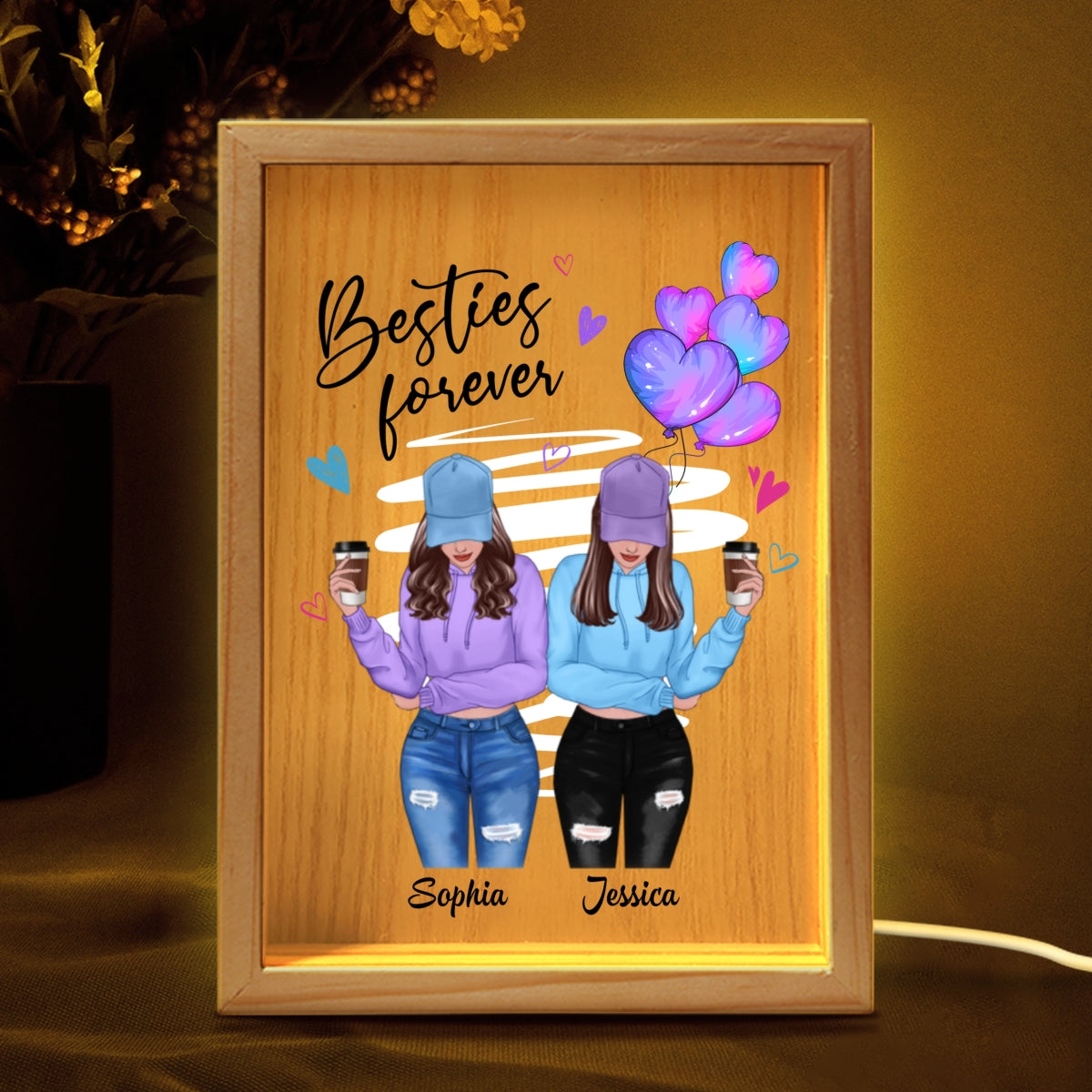 Besties Forever Front View Besties Personalized Wooden Frame Light Box