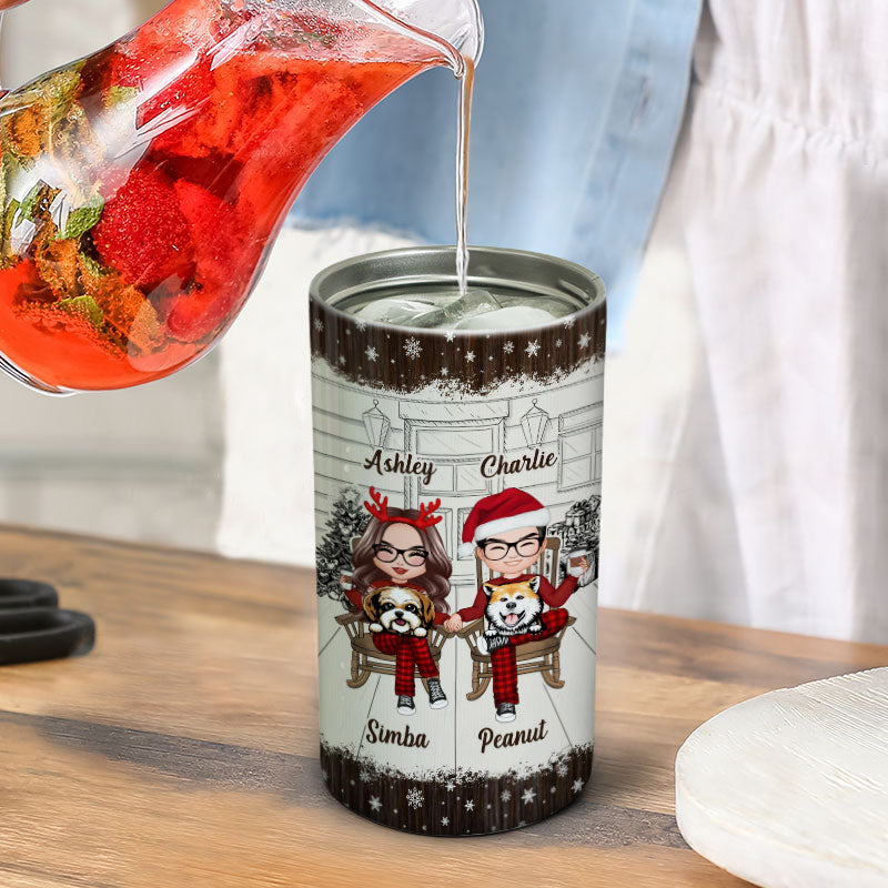 Couple And The Dogs Front Porch Christmas Gift Personalized 4 In 1 Can Cooler