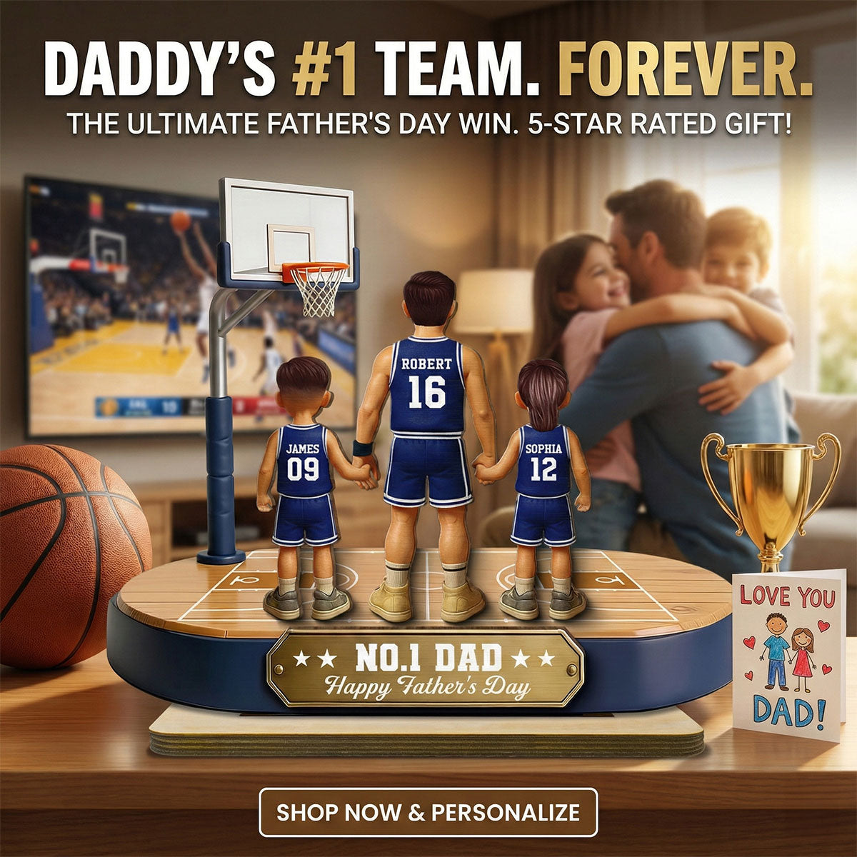 Daddy's Basketball Dream Team - Personalized 2-Layered Wooden Plaque - Father's Day Gift For Basketball Dad