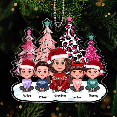 Pink Leopard Checkered Christmas Tree Grandma Grandkids Personalized Acrylic Ornament