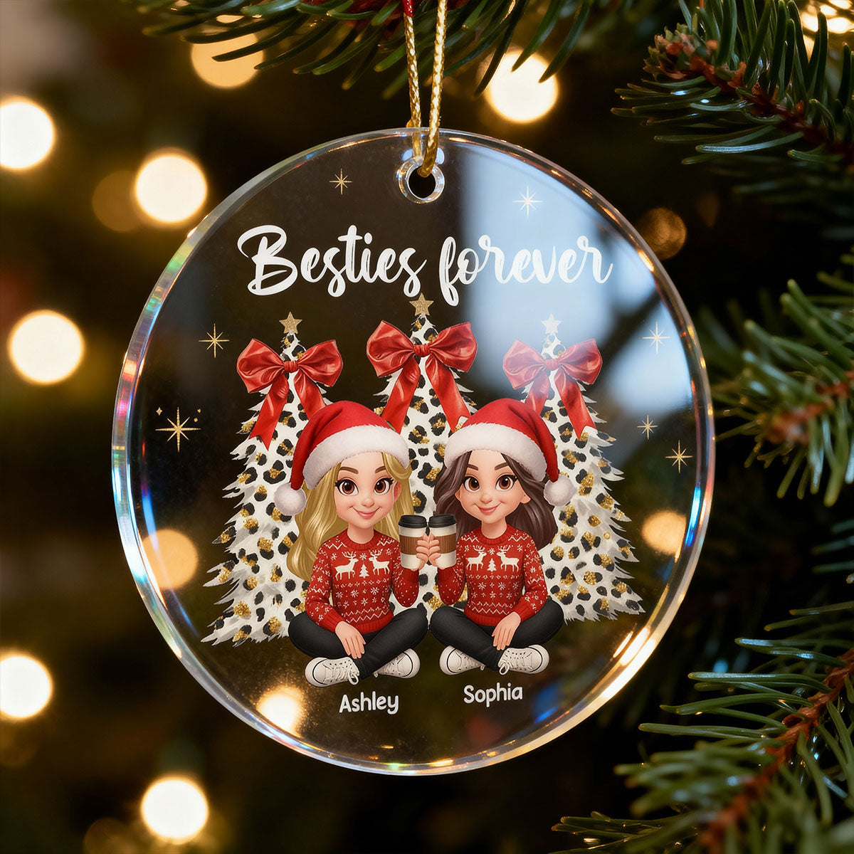 Besties Forever Leopard Coquette Christmas Tree - Personalized Acrylic Ornament