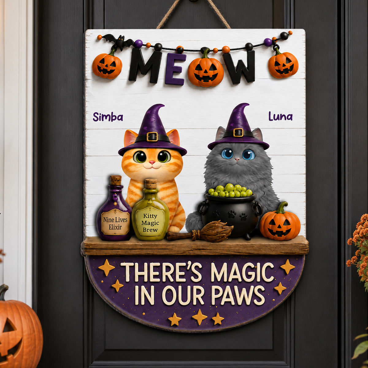There's Magic In Cat Paws - Personalized Door Hanger - Halloween Decoration