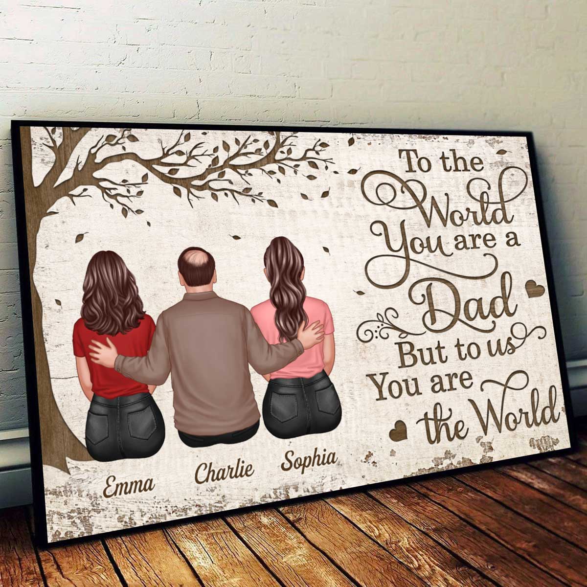 Back View Dad And Son Daughters Sitting Under Tree Personalized Horizontal Poster