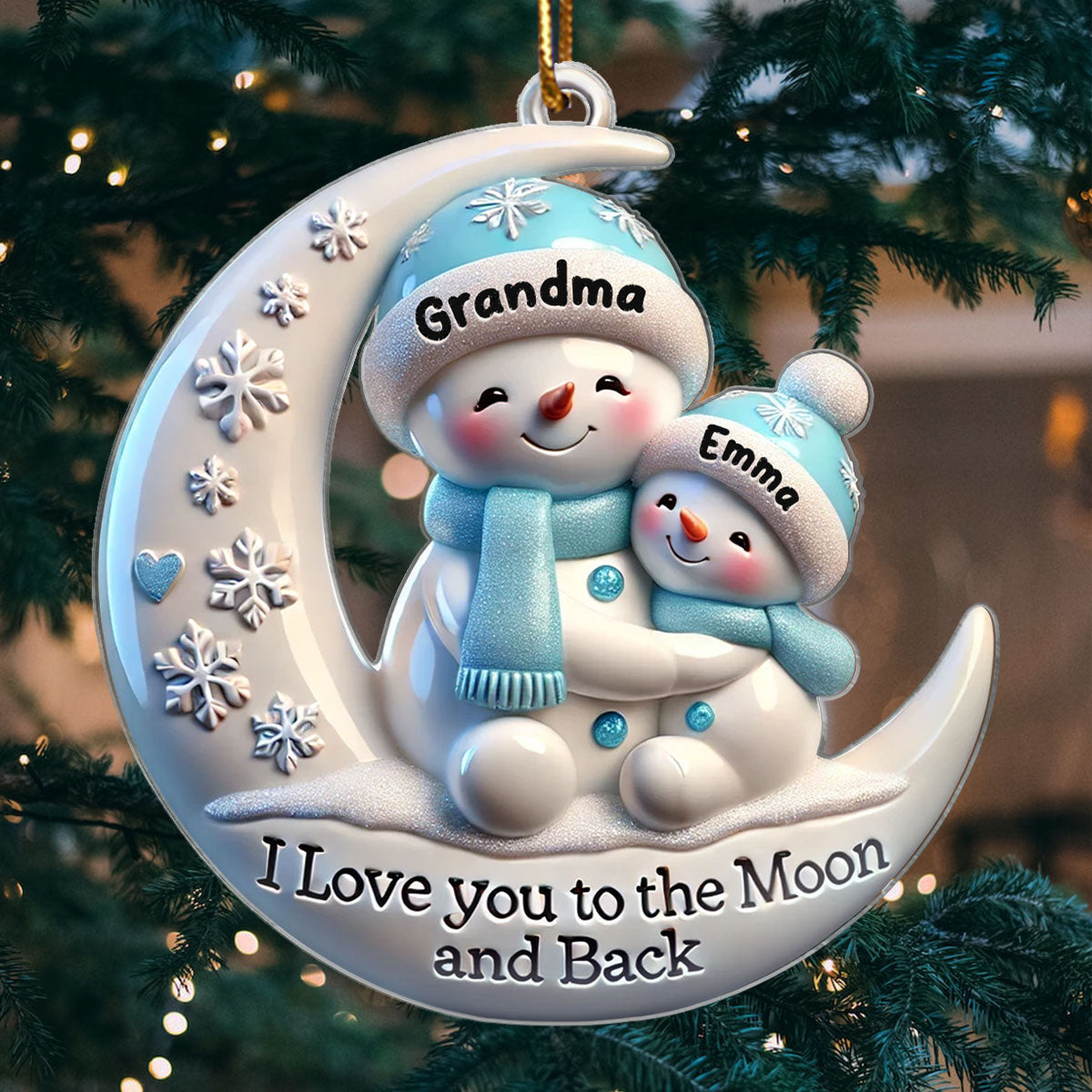 3D Effect Cute Snowmen Grandma & Hugging Grandkid On The Moon Personalized Acrylic Ornament, Christmas Gift For Granddaughter, Grandson