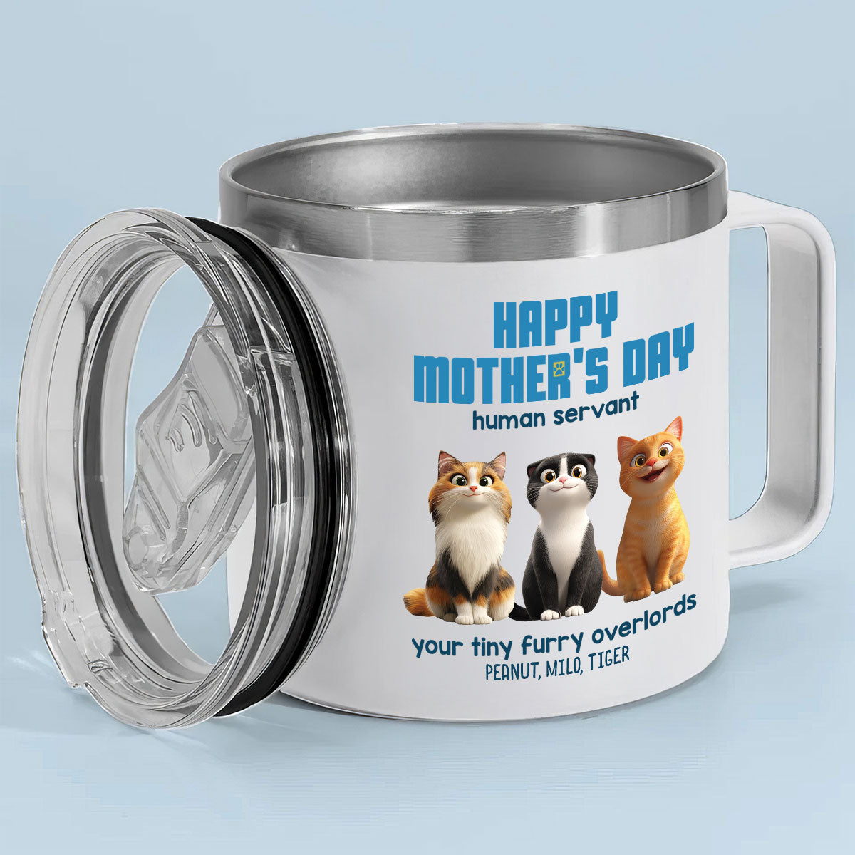 Happy Mother's Day Human Servant Personalized Stainless Steel Tumbler With Handle, Unique Gift for Cat Moms