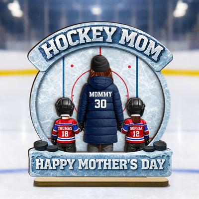 Hockey Mom Back View And Kids - Personalized 2-Layered Wooden Plaque - Mother's Day Gift For Hockey Mom
