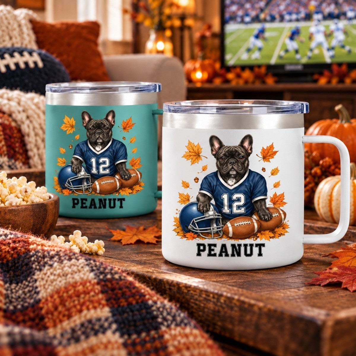 Trending Football Dog Cat Upload Photo - Personalized Stainless Steel Tumbler With Handle - Fall Season Gift For Man, Woman