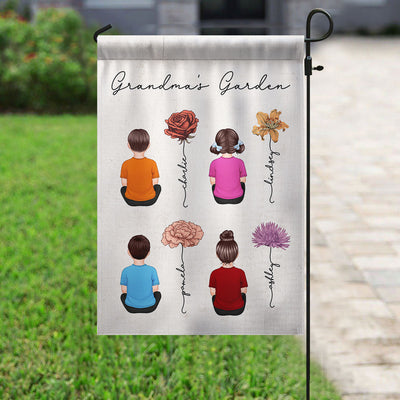 Grandkids Sitting Grandma Garden Vintage Birth Month Flowers Personalized Garden Flag