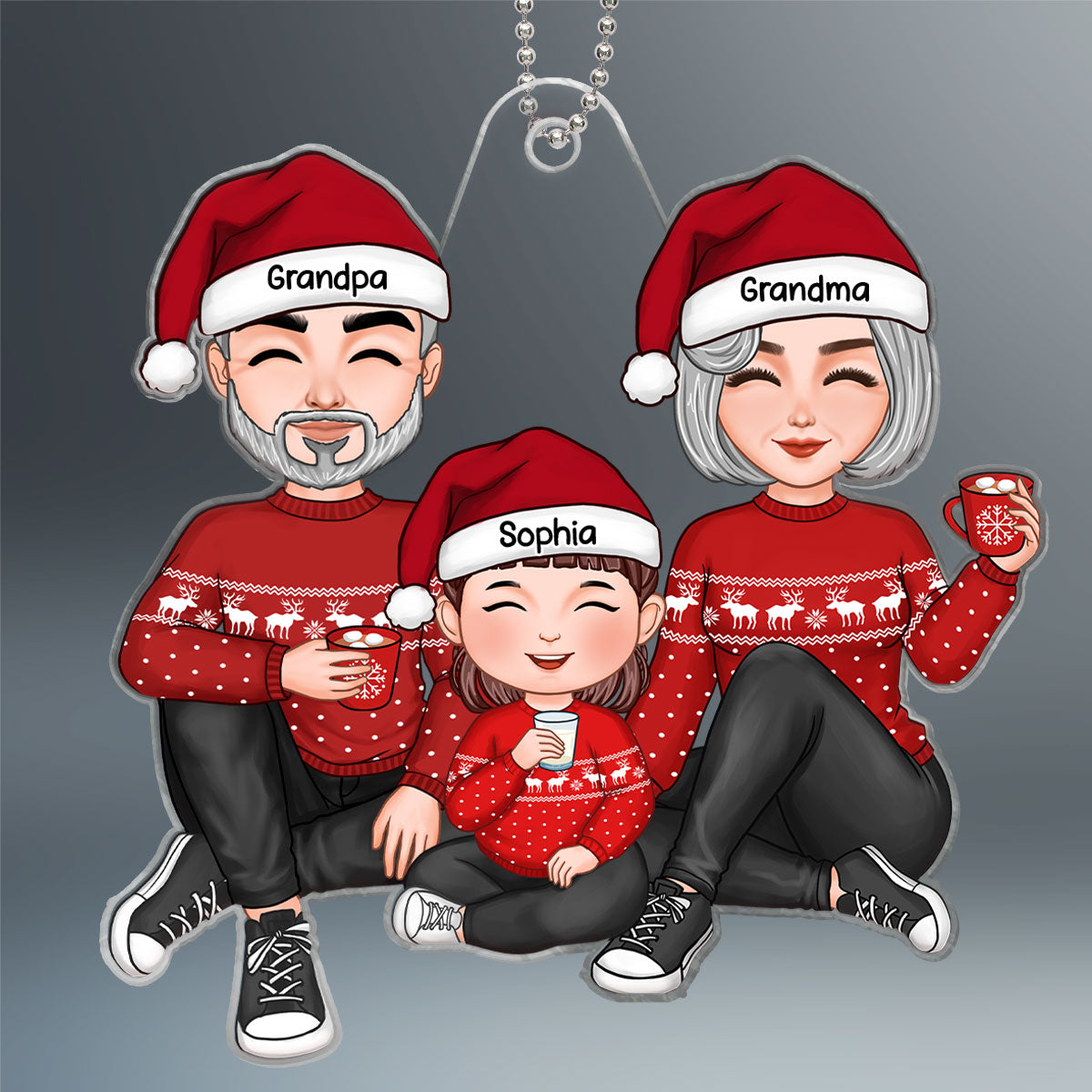 Christmas Cute Grandma Grandpa Sitting With Granddaughter Grandson Personalized Acrylic Ornament