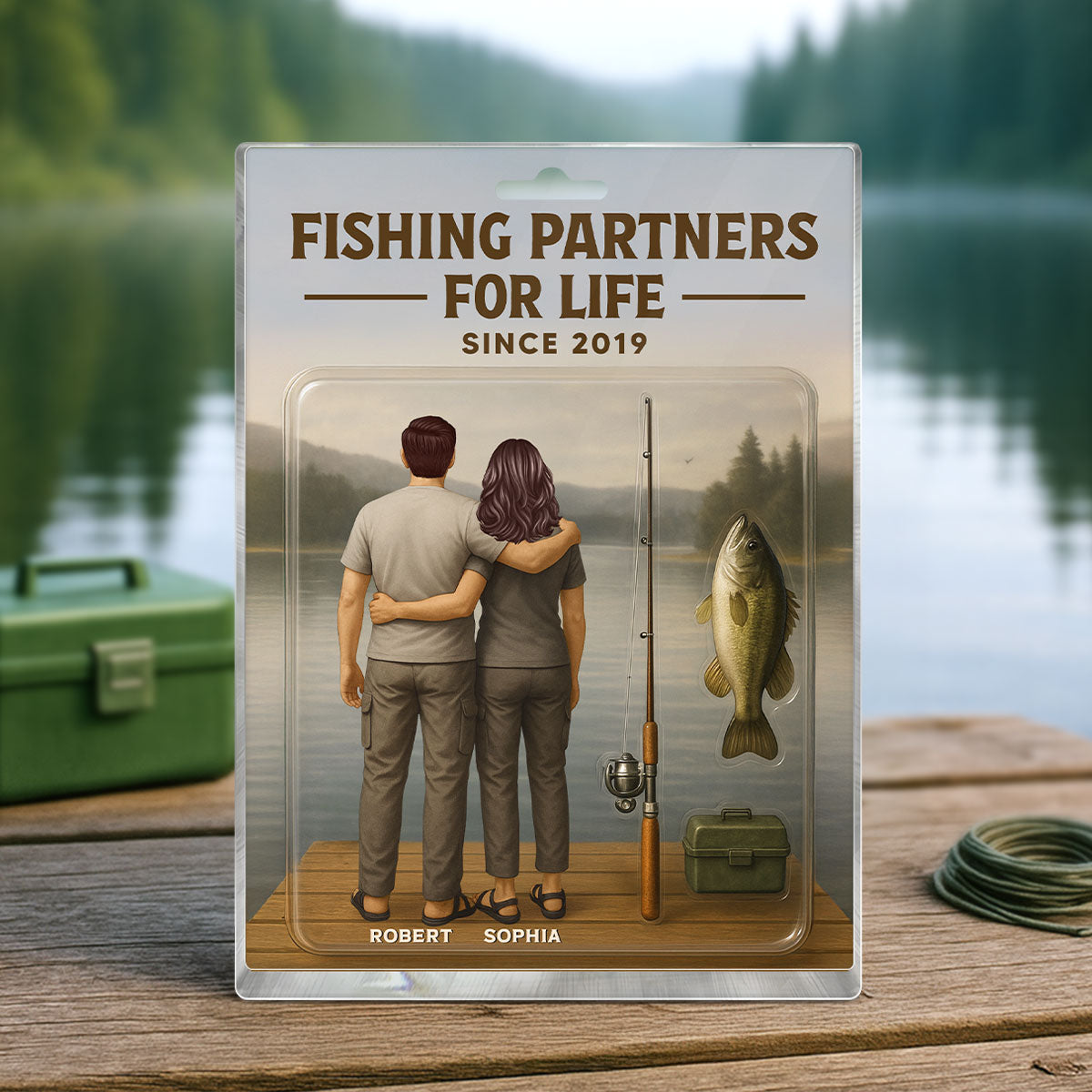 3D Effect Custom Figure Couple Fishing Partners For Life Personalized Rectangle Acrylic Block Plaque