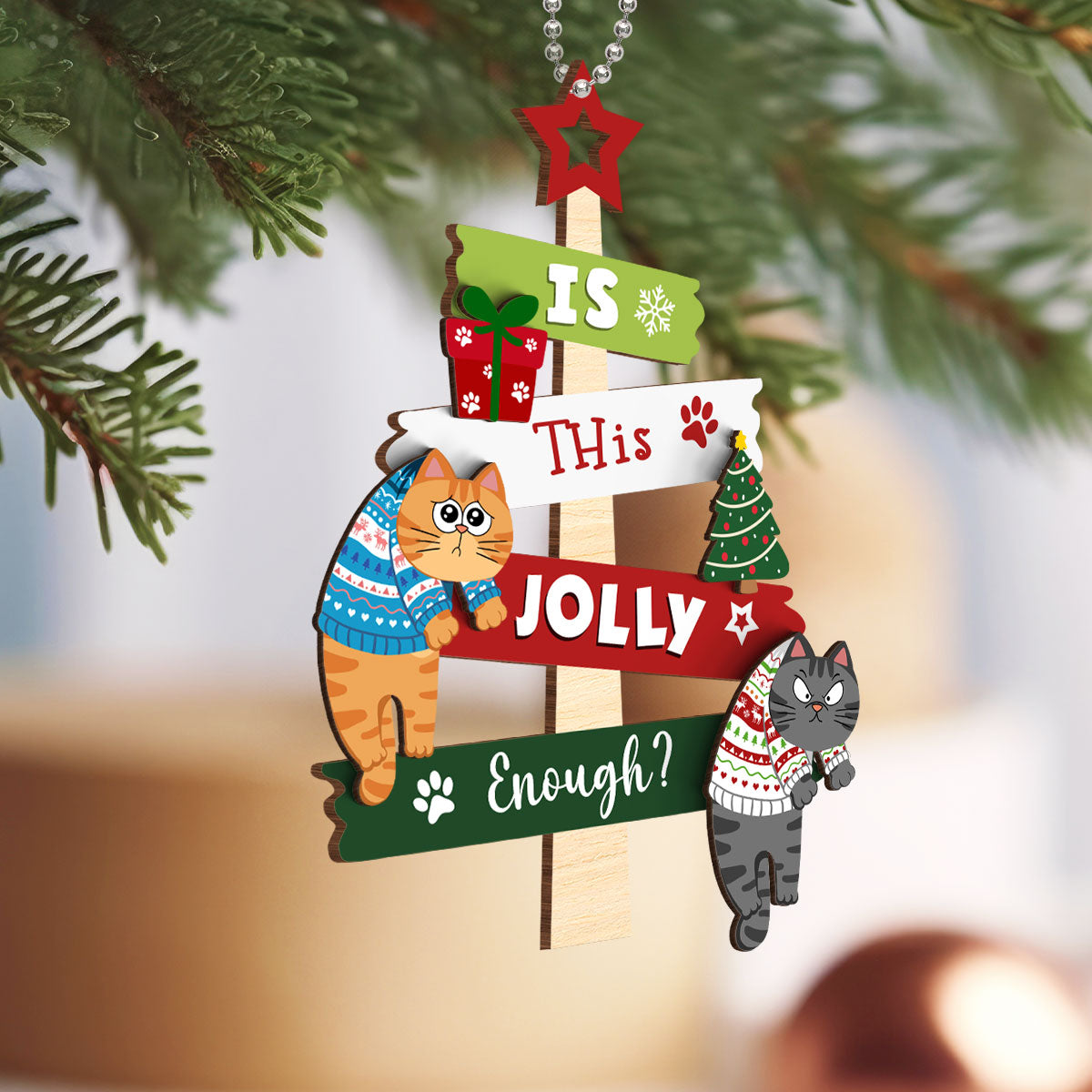 Is This Jolly Enough Naughty Cats On Christmas Tree Personalized 2-Layer Wooden Ornament
