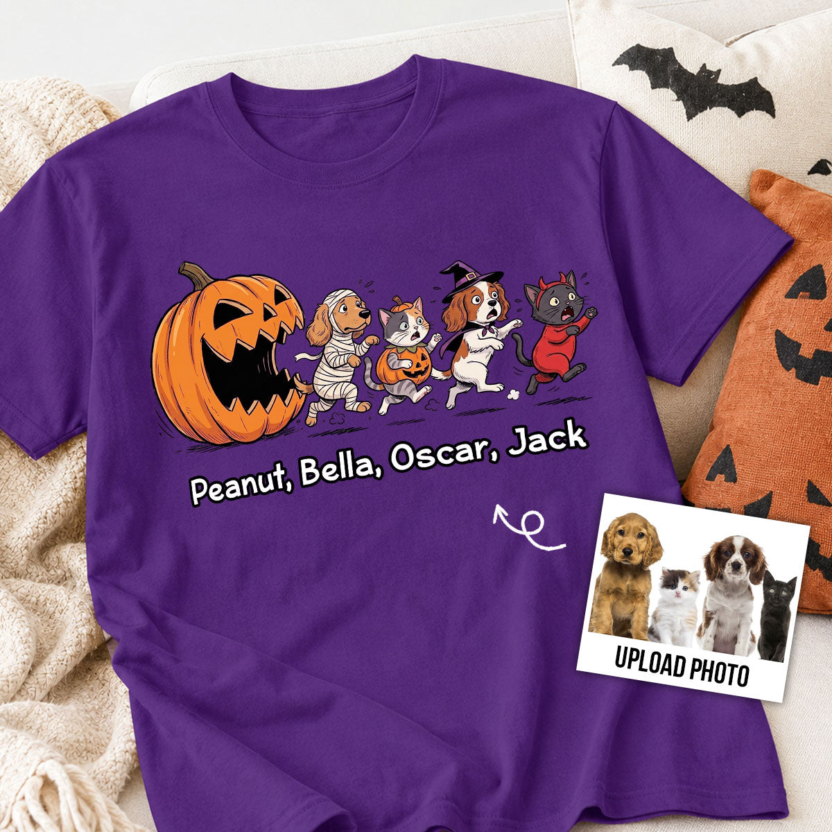 Funny Halloween Cat Dog Upload Photo - Personalized Shirt - Gift For Cat Lovers, Dog Lovers