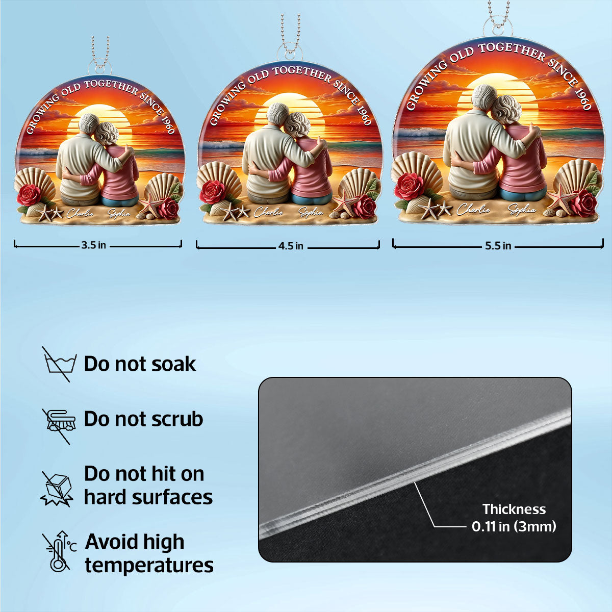 3D Effect Old Couple Sitting Sunset Beach Landscape Personalized Car Hanger Ornament, Heartfelt Gift For Couple, For Him, For Her, Husband, Wife