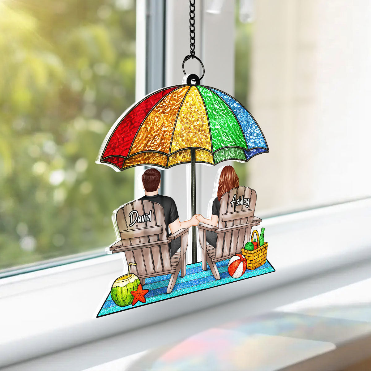 Under Beach Umbrella Happy Couple Personalized Suncatcher